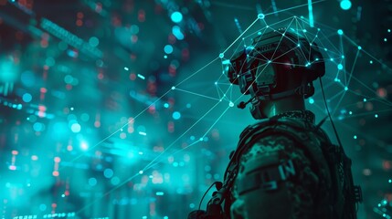 Cybernetic silhouette of a scifi soldier interfacing with tech