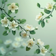 Fototapeta premium Branch With White Flowers and Green Leaves