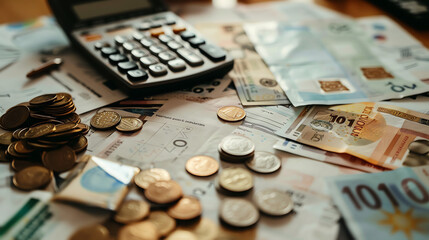 There are two calculators, pennies, nickels, dimes, quarters, and paper money spread out on a table.

