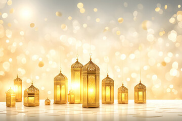 Fototapeta premium Arab pattern lantern on table with strong glow light, bokeh gold white background. Generative ai.