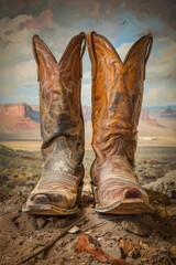 Worn cowboy boots evoke tales of the old West against a plain backdrop