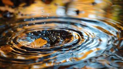 Water ripples create concentric circles, reflecting autumn leaves.