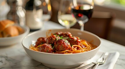 Bowl of Spaghetti With Meatballs and Glass of Wine