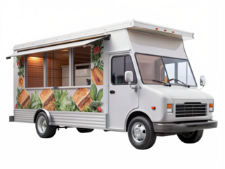 Food Truck with Sandwich Graphic Wrap and Serving Window, Isolated on White Transparent Background, PNG Element