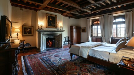 A bedroom with a fireplace and a large bed
