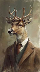 A painting of a deer wearing a suit and tie