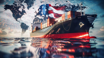 A container ship proudly displaying the American flag sails gracefully in the background
