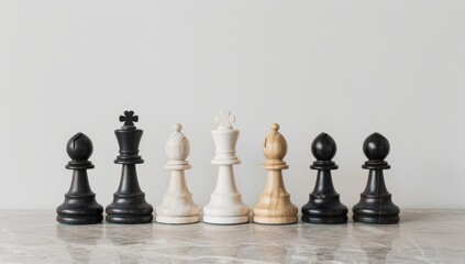 A chess set made of black and white wood, standing on the floor with white background, minimalistic