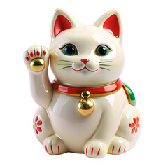 White Fortune Cat Ceramic Figurine with Raised Paw and Lucky Bells, isolated on white transparent background, png element, Maneki-neko