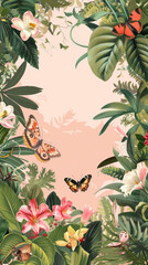 A picture of a tropical scene with butterflies and flowers