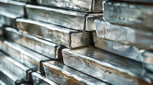 A towering stack of silver bars gleams and sparkles, reflecting light in a mesmerizing display of wealth and luxury