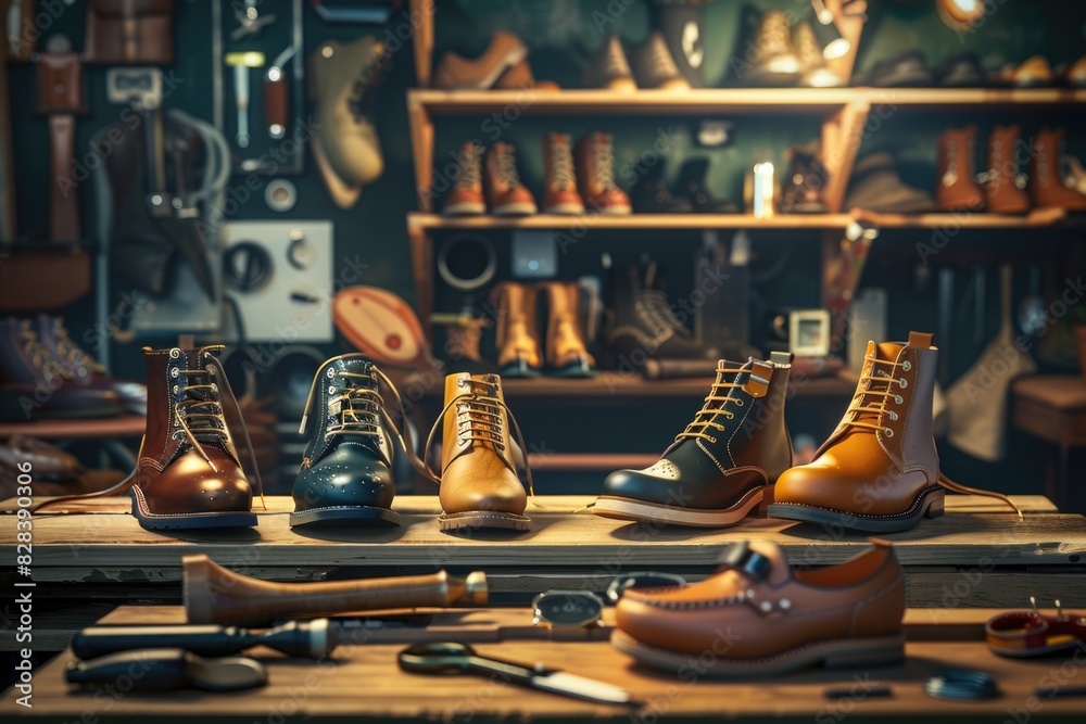 Wall mural A row of shoes neatly arranged on a wooden table. Ideal for showcasing footwear products