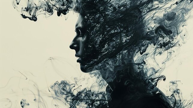 Double exposure of a writers silhouette merging with swirling ink patterns, showcasing the fluidity and imagination of literary art