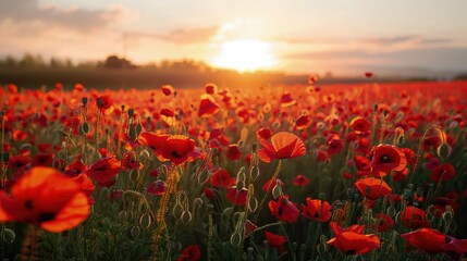 Sunrise Over Poppy Field: A vast field of vibrant red poppies bathed in the golden light of the rising sun, with the sky painted in soft hues of pink and orange. - Powered by Adobe