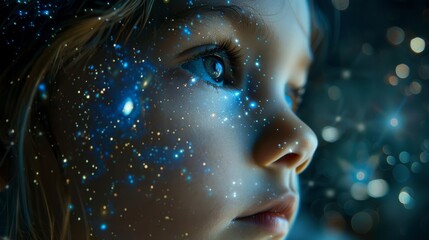 Double exposure portrait of a childs face intertwined with the night sky, capturing innocence and the wonder of the cosmos