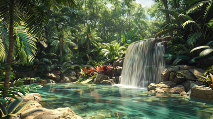 A picture of a waterfall in the middle of a jungle. The waterfall is surrounded by lush green vegetation and the water is a crystal clear blue.
