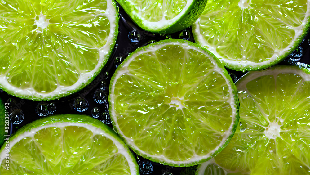 Wall mural juicy rings of fresh green lime with drops of water