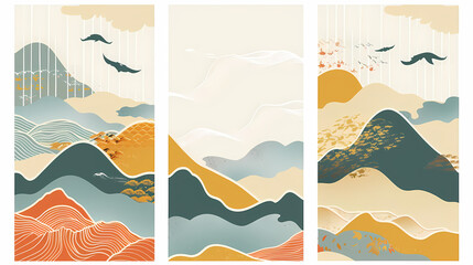 Set Mountain layout design in oriental style.Japanese background with line wave pattern vector. Abstract template with geometric pattern.