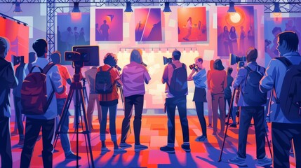 Colorful vector illustration of a photography contest, with judges reviewing photos and awarding prizes to the best shots, celebrating the creativity of participants