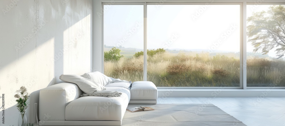 Poster minimalist living room in white color with a white lounge sofa, wide windows displaying a serene sum - Posters