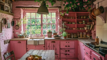 A kitchen with pink cabinets and a wooden table
