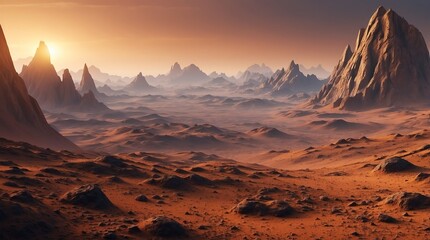 Naklejka premium sunset mountain terrain landscape on unknown alient planet