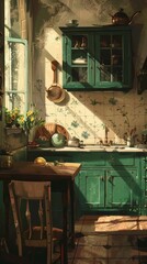 A kitchen with green cabinets and a wooden table