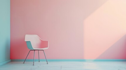 A pastel-colored wall and a modern chair placed slightly off-center, creating ample space for copy on the wall