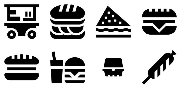 A Collection Of Fast Food Solid Icons Silhouette Vector Logo Design Containing Food,Burger,Street-Food,Sandwich,Fast-Food Outline Icons Collection. Simple Vector Illustration