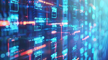 Digital interface with blue and red lights representing cryptocurrency and fintech programming on a blockchain network. The image conveys technology, data, and innovation,