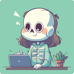 cute sekeleton using laptop, cartoon vector icon illustration, isolated and flat