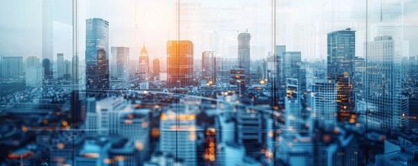 Plakat A city skyline with a bright orange sun in the background. The city is lit up at night, creating a warm and inviting atmosphere