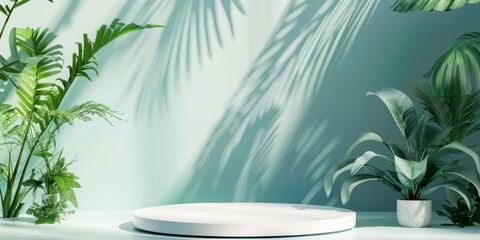 Fototapeta premium podium template mockup design showcase creative ideas backdrop blank space for product sample advertising with tree leaf tropical nature element decorate 