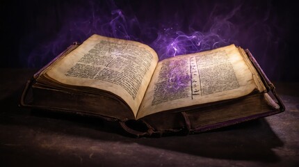 old ancient purple magical book glowing bright light
