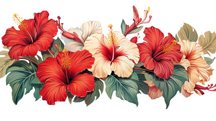 Obraz premium Colorful floral arrangement of vivid hibiscus flowers in red and white hues, showcasing vibrant and diverse botanical beauty, card border, copy space for text