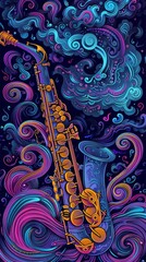 A realistic painting of a saxophone against a vibrant blue background