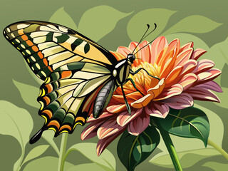 A butterfly sits on a bud of a beautiful chrysanthemum vector illustration 