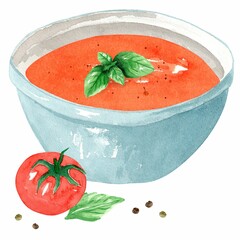 Tomato puree soup with basil in a blue plate and pepper. Hand drawn watercolor illustration isolated on white background. Template for design.