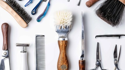 Shaving tools dangerous razor, blades, shaving brush thinning scissors, combs lie on a white background. Barbershop. Hairdresser Accessories 
