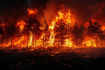 A blazing wildfire raging through a dry forest, with tall flames and thick smoke filling the sky, firefighters trying to extinguish the fire.. AI generated.