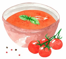 Tomato puree soup with basil in a red plate with cherry tomatoes and peppers. Hand drawn watercolor illustration isolated on white background. Template for design.
