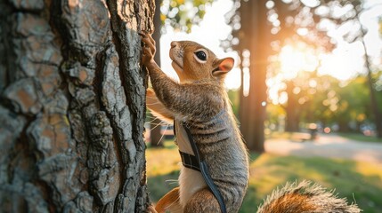 A mannequin squirrel outfitted with a cooling vest, climbing a tree in a sunlit park, illustrating the vesta??s ease of use and comfort for active animals.