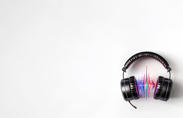 A pair of black earphones with a colorful soundwave spectrum visualizer between them, set against a clean white background