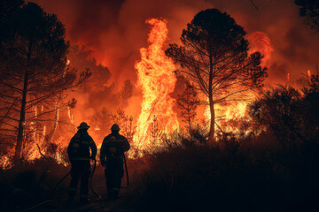 Fototapeta premium A blazing wildfire raging through a dry forest, with tall flames and thick smoke filling the sky, firefighters trying to extinguish the fire.. AI generated.