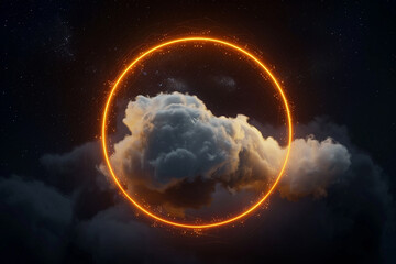 Obraz premium Ginger neon ring casts a warm light on swirling clouds in the dark night sky, 3D vertical frame.
