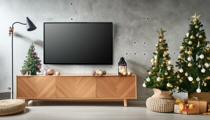 Minimalist Media: Smart TV Mockup in Living Room with Concrete Accent Wall