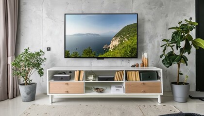 Industrial Chic: Smart TV on Cabinet with Concrete Wall Background