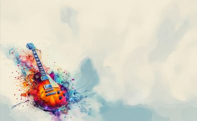 Electric guitar with vibrant watercolor splashes exploding in all directions, creating a dynamic and colorful motion