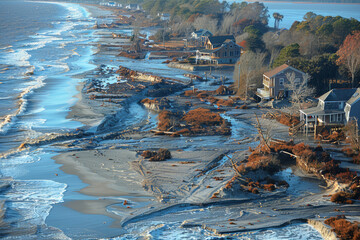 An aerial view of a coastline experiencing severe erosion, with submerged shorelines and nearby communities perilously close to the water.. AI generated.