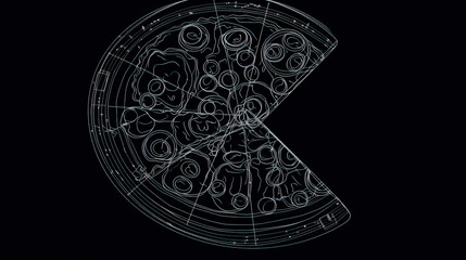 Pizza sliced, graphic contour illustration on a dark black background, isolate. AI generated.